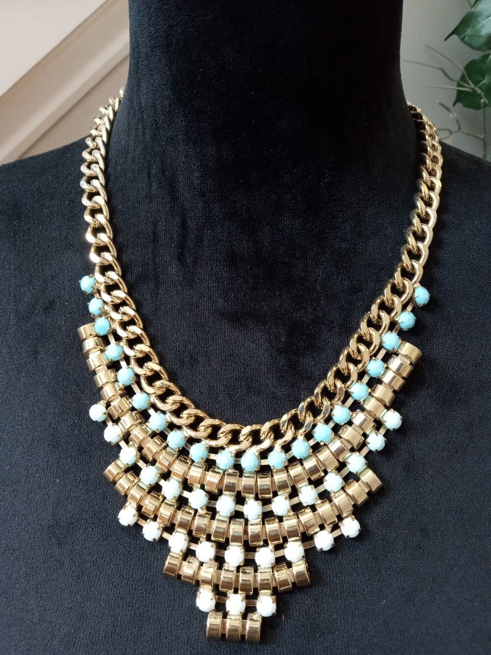 Gold Tone Chain Bib Necklace Turquoise Beads Crystal Statement Collar Necklace